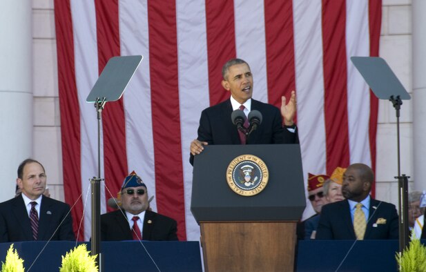 President Barack Obama addresses the crowd during the National Veterans Day Observance at Arlington National Cemetery in Arlington, Va., on Nov. 11, 2015. (U.S. Air Force photo/Sean Kimmons)