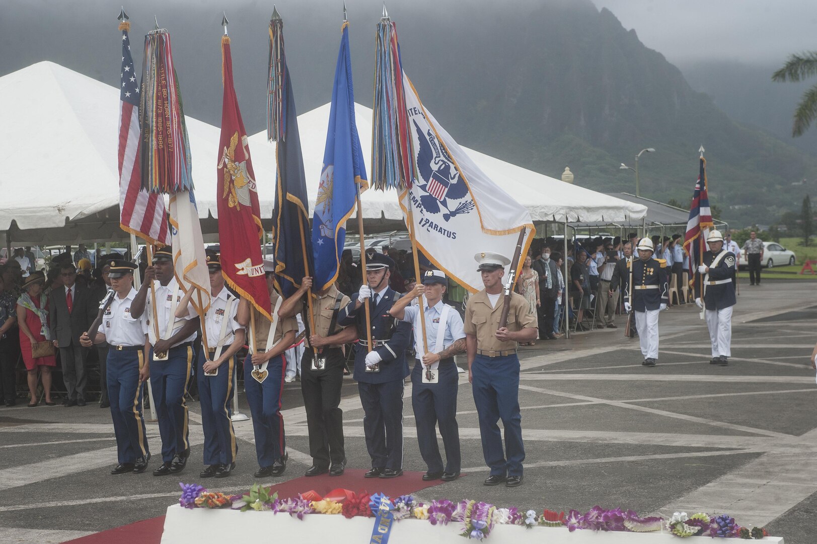 Members of the Joint Service Color Guard and Ceremonial Royal Guard post the colors during the 2015 Governor’s Veterans Day Ceremony at the Hawaii State Veterans Cemetery Nov. 11, in Kaneohe, Hawaii. U.S. Army Maj. Gen. Arthur J. Logan, the adjutant general of the state of Hawaii, and Shan Tsutsui, lieutenant governor of Hawaii, provided welcoming remarks and a keynote speech during the ceremony. (U.S. Air Force photo by Staff Sgt. Christopher Hubenthal)