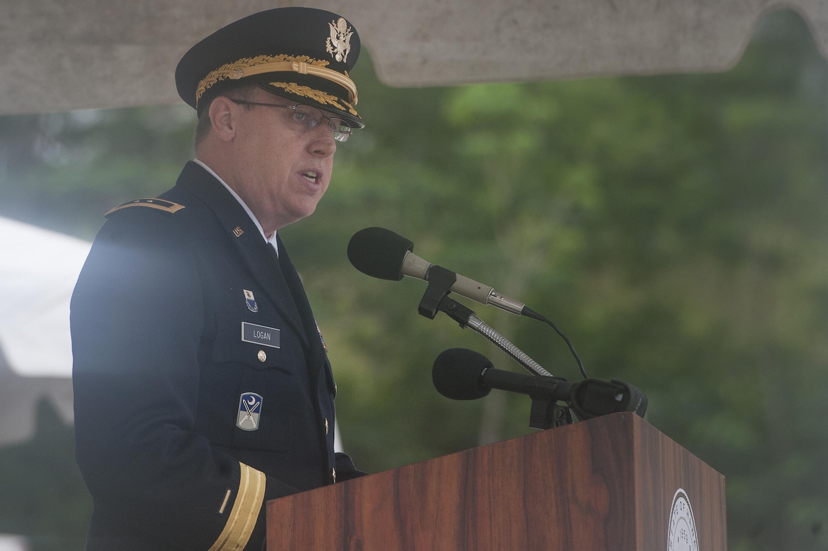 U.S. Army Maj. Gen. Arthur J. Logan, the adjutant general of the state of Hawaii, provides welcoming remarks during the 2015 Governor’s Veterans Day Ceremony at the Hawaii State Veterans Cemetery Nov. 11, in Kaneohe, Hawaii. The ceremony included music provided by the 111th Army Band, a military wreath placing conducted by U.S. Pacific Command leadership and a rifle salute performed by the Hawaii Air National Guard Honor Guard team. (U.S. Air Force photo by Staff Sgt. Christopher Hubenthal)
