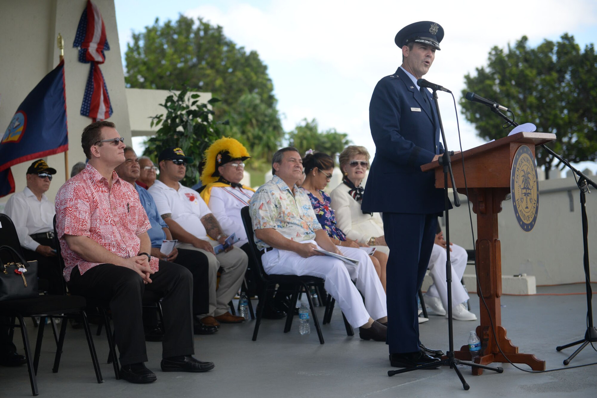 Brig. Gen. Andrew Toth, 36th Wing commander, addresses an audience during the 2015 Veterans Day ceremony Nov. 11 in Adelup, Guam. Veterans Day honors and recognizes the personal sacrifices put forth by previous generations of servicemembers and our current servicemembers.  (U.S. Air Force photo by Senior Airman Joshua Smoot/Released)