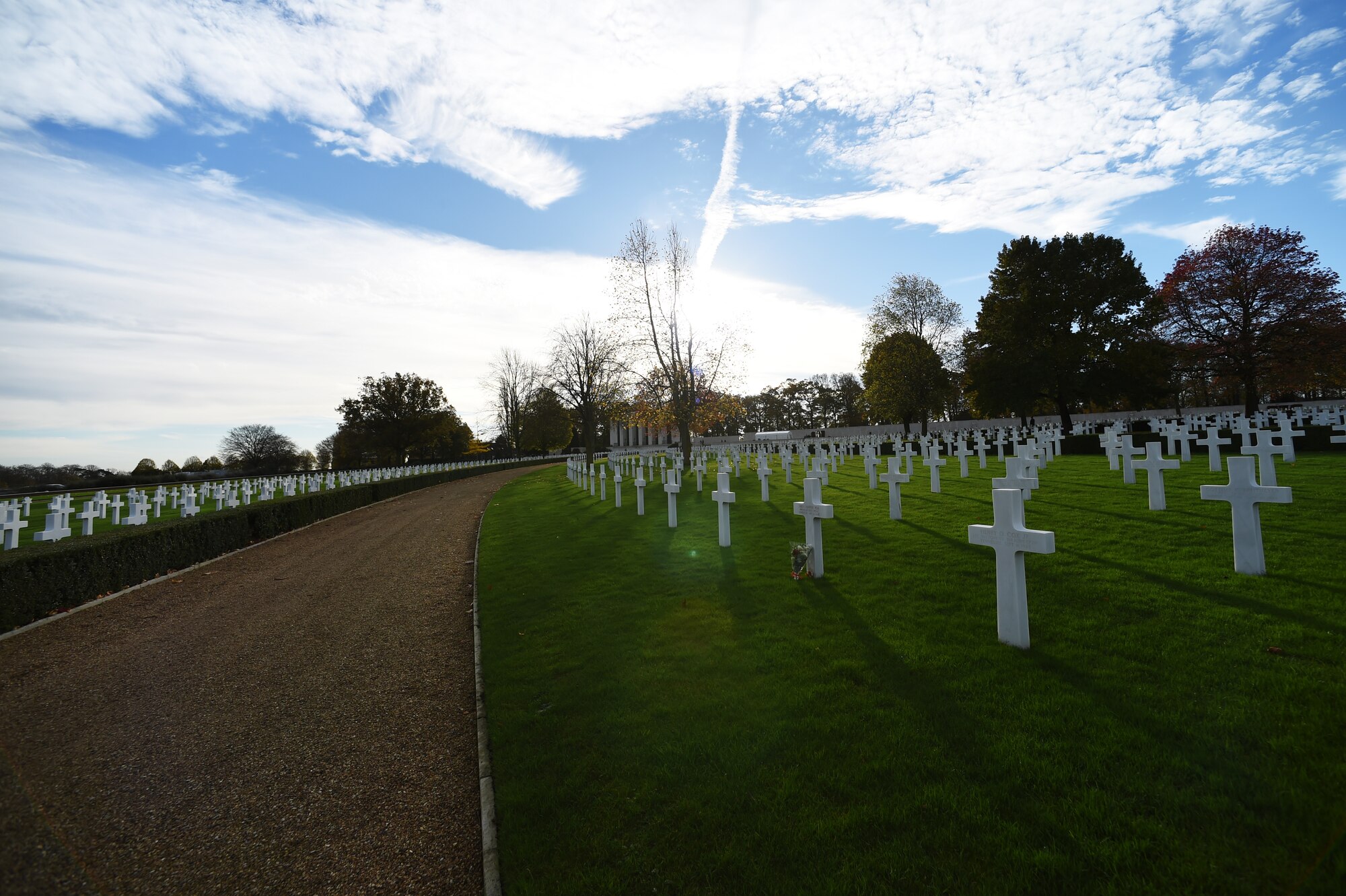 Rows of tombstones line the vast expanse at Cambridge American Cemetery, United Kingdom, Nov. 11, 2015. The cemetery was dedicated in 1956 as the final resting place of 3,812 American Service members. (U.S. Air Force photo by Staff Sgt. Jarad A. Denton/Released)