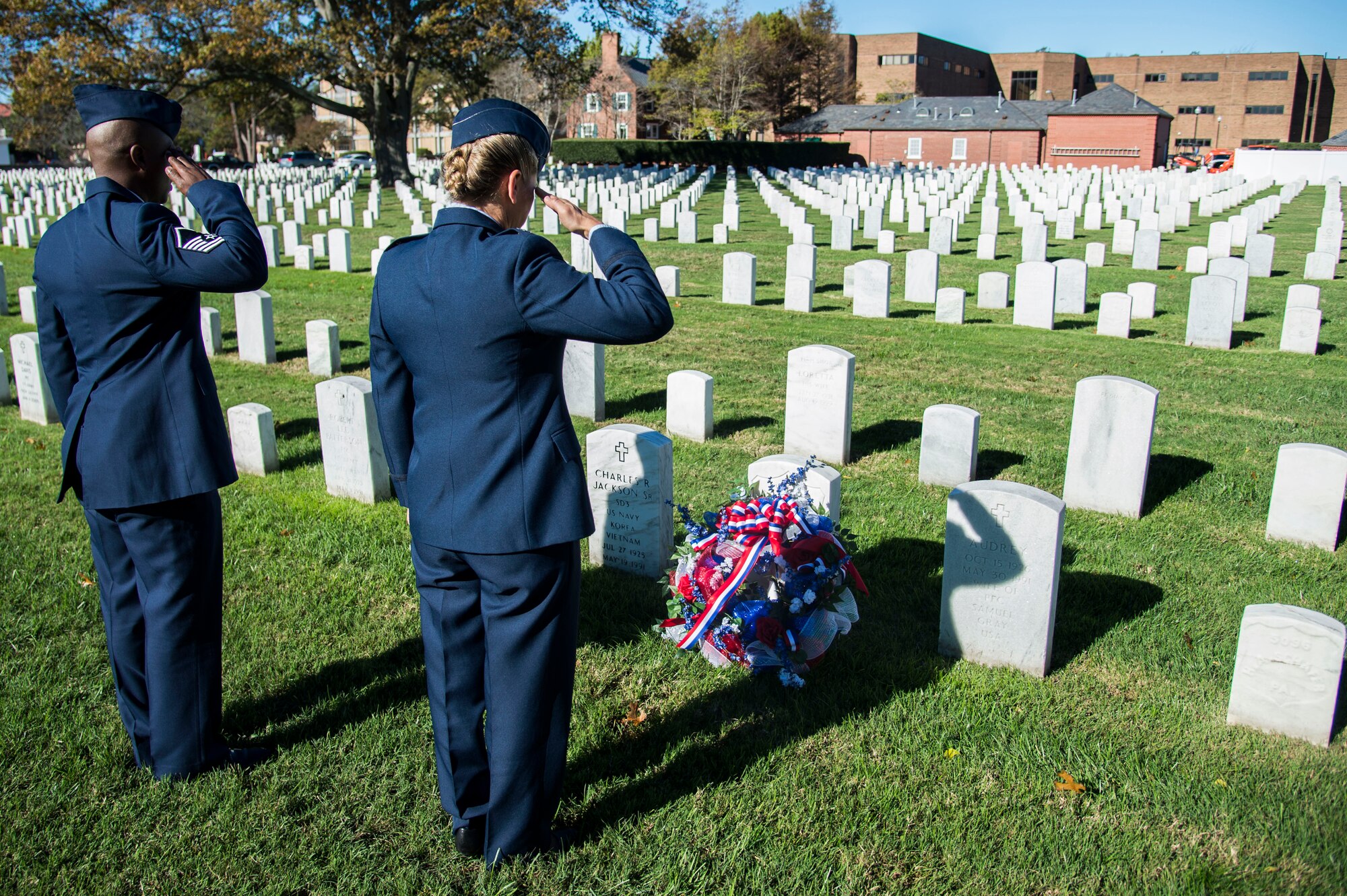 U.S. Air Force Col. Caroline M. Miller, commander of the 633rd Air Base Wing, and Master Sgt. Neco Johnson, Langley African American Heritage Council member, render salutes during a Veterans Day Wreath Laying in Hampton, Va., Nov. 11, 2015. Civil War medal of honor recipient, U.S. Army Pvt. Charles Veale received the wreath laid upon his grave. (U.S. Air Force photo by Senior Airman Kayla Newman/Released)