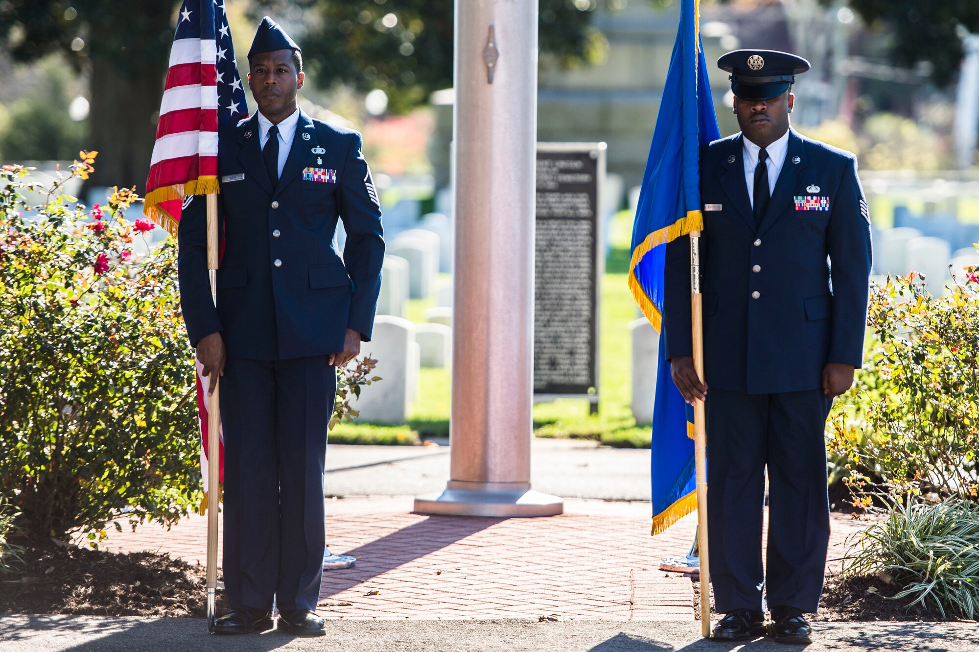 Members of the Langley African American Heritage Council hold the flags during a Veterans Day Wreath Laying in Hampton, Va., Nov. 11, 2015. The ceremony took place in the Hampton National Cemetery where Civil War medal of honor recipient, U.S. Army Pvt. Charles Veale was laid to rest.  