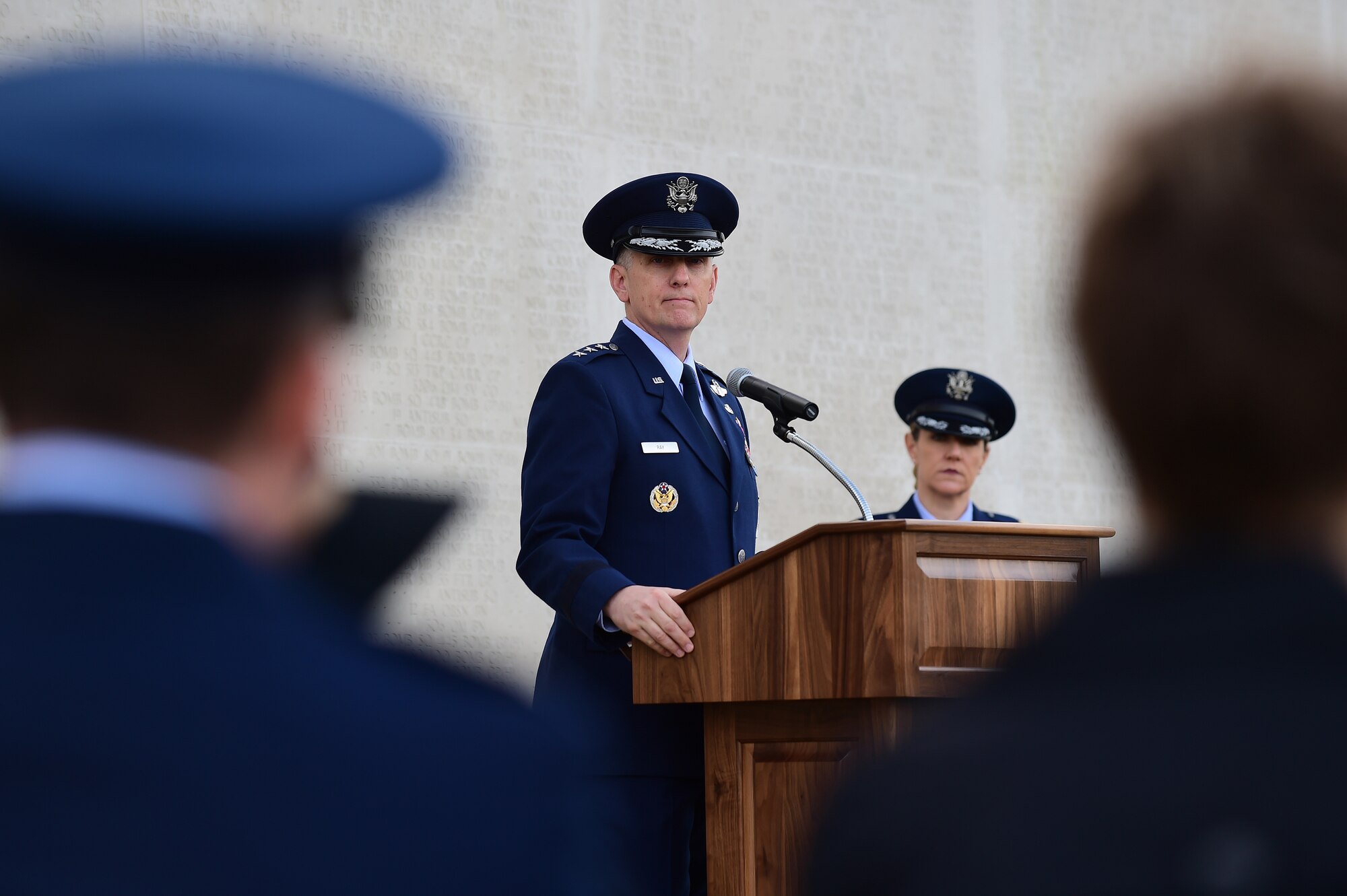 U.S. Air Force Lt. Gen. Timothy Ray, the 3rd Air Force and 17th Expeditionary Air Force commander, speaks during a Veterans Day ceremony at Cambridge American Cemetery, United Kingdom, Nov. 11, 2015. During Ray’s speech he reminded the guests to never forget the heroes who came before. (U.S. Air Force photo by Master Sgt. Chrissy Best/Released)