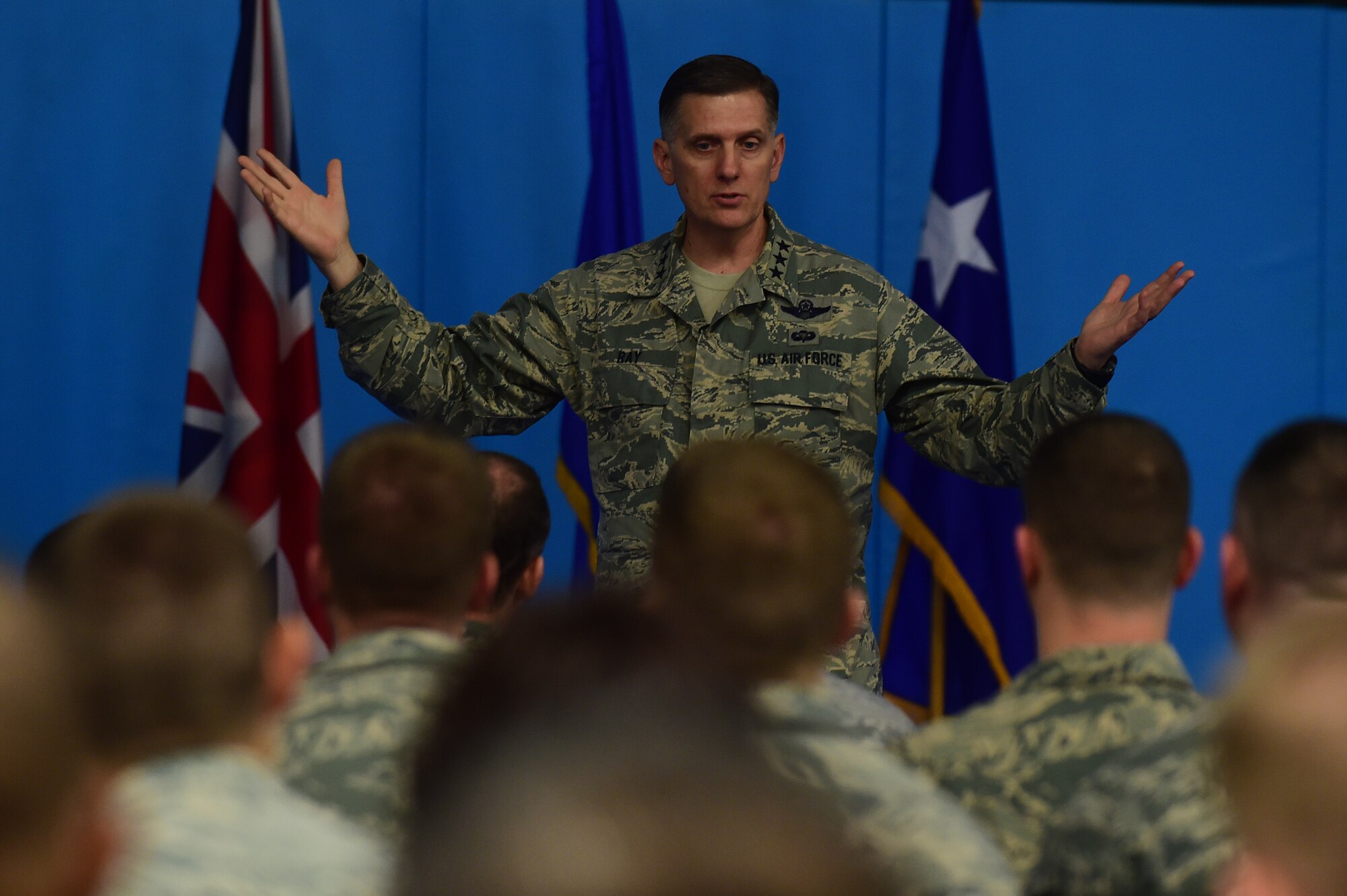 Lt. Gen. Timothy Ray, the 3rd Air Force and 17th Expeditionary Air Force commander, speaks to Airmen during an all-call at RAF Croughton, United Kingdom, Nov. 10, 2015. During the visit, Ray received firsthand knowledge of the 501st Combat Support Wing’s mission and had the chance to meet and interact with Airman. (U.S. Air Force photo by Master Sgt. Chrissy Best/Released)