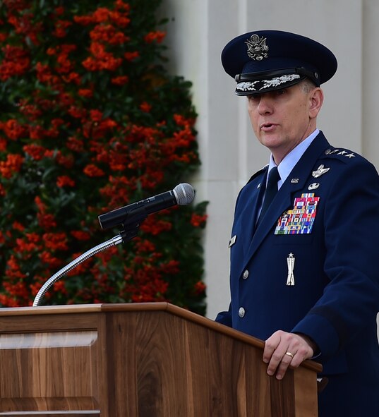 U.S. Air Force Lt. Gen. Timothy Ray, the 3rd Air Force and 17th Expeditionary Air Force commander, speaks during a Veterans Day ceremony at Cambridge American Cemetery, United Kingdom, Nov. 11, 2015. There are 3,812 American service members from WWII buried at the cemetery. During Ray’s speech he mentioned that he wants everyone to remember the stories of those who came before us. (U.S. Air Force photo by Master Sgt. Chrissy Best/Released)