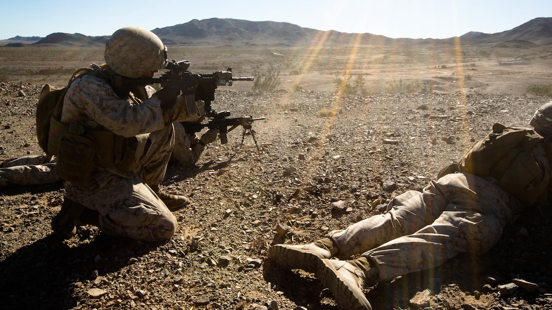 U.S. Marines with Alpha Company, 1st Battalion, 8th Marine Regiment, 2nd Marine Division, lay suppressive fire down range on the final objective to suppress enemy fire in a mechanized assault course during Integrated Training Exercise 1-16 aboard Marine Corps Air Ground Combat Center Twentynine Palms, Calif., Oct. 30, 2015. Marines participate in a month-long field exercise demonstrating core mission essential tasks by conducting offensive, defensive and stability operations using combined arms, air integration, and battalion-level infantry tactics in order to strengthen operational readiness as they prepare for world-wide deployment. 