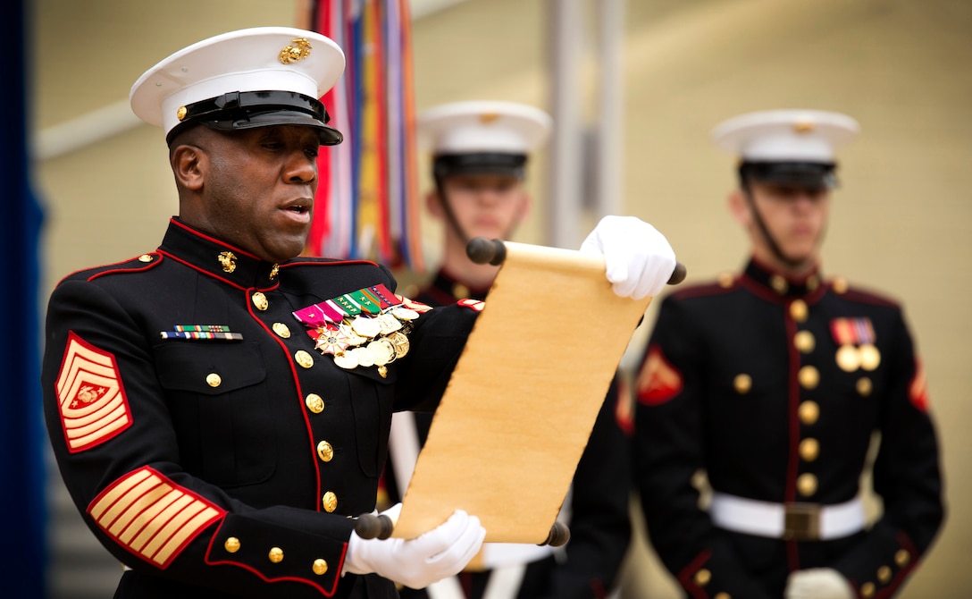 Sergeant Major of the Marine Corps Sgt. Maj. Ronald L. Green reads the birthday message from the 13th Commandant of the Marine Corps, Gen. John A. Lejeune, Nov. 9 at the Pentagon during the cake cutting ceremony for the Marine Corps’ 240th birthday. Marines worldwide cut a cake in celebration of the birth of the Marine Corps every year. (U.S. Marine Corps photo by Sgt. Lena Wakayama/Released)