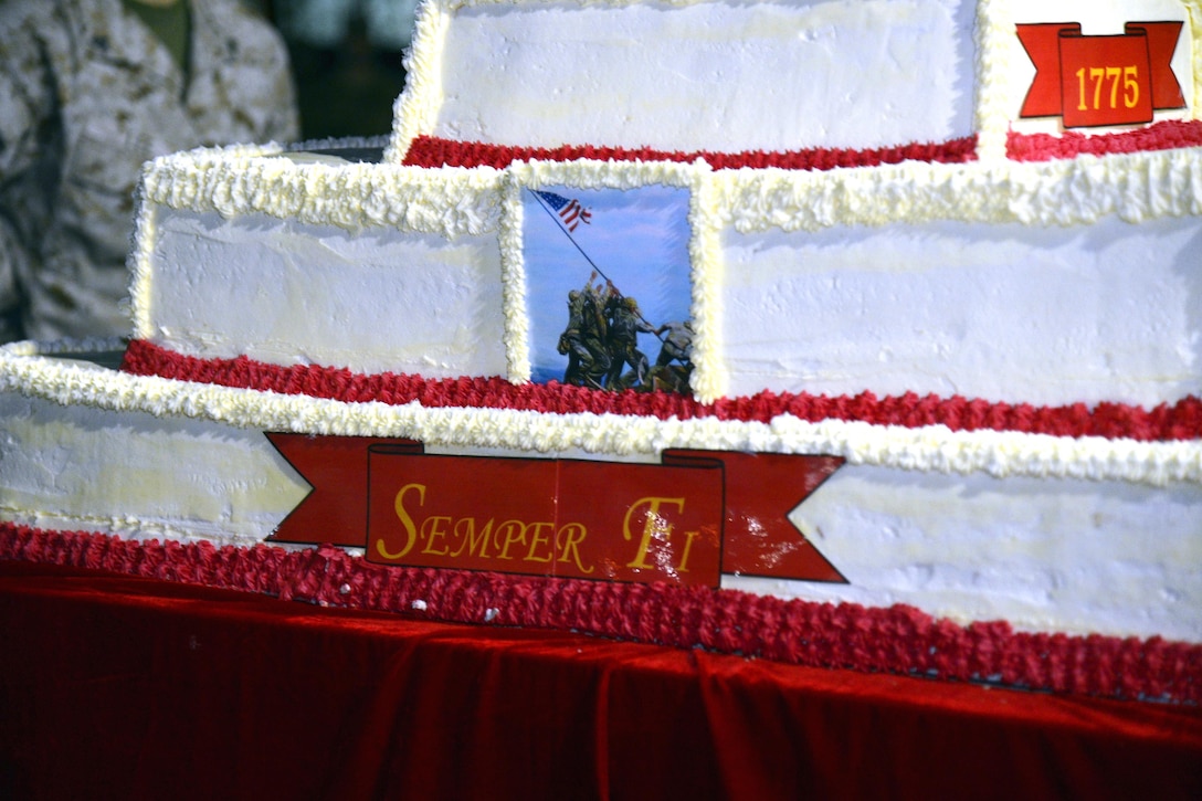 U.S. Marines Corps graphics adorn the cake before a cake-cutting ceremony during the U.S.Marine Corps’ 240th birthday on Camp Resolute Support in Kabul, Afghanistan, Nov. 9, 2015. U.S. Air Force photo by Staff Sgt. Tony Coronado