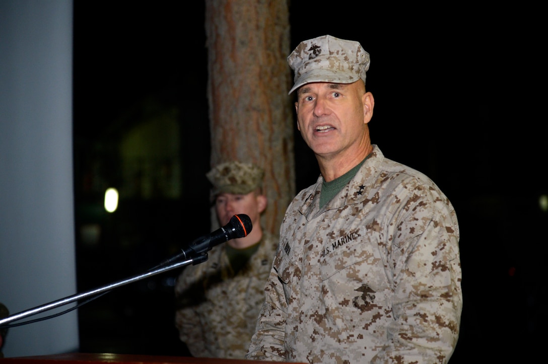 U.S. Marine Corps Maj. Gen. Paul W. Brier talks during the cake-cutting ceremony celebrating the U.S. Marine Corps’ 240th birthday on Camp Resolute Support in Kabul, Afghanistan, Nov. 9, 2015. U.S. Air Force photo 