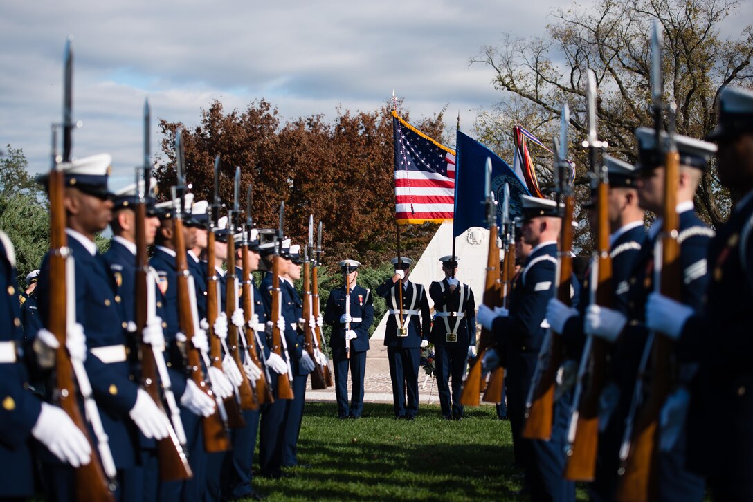 Members of the U.S. Coast Guard Ceremonial Honor Guard participate in wreath-laying ceremony at the Coast Guard Memorial at Arlington National Cemetery in Arlington, Va., Nov. 11, 2015. Members of the U.S. Coast Guard laid a wreath at the memorial during a ceremony on Veterans Day. U.S. Army photo by Rachel Larue