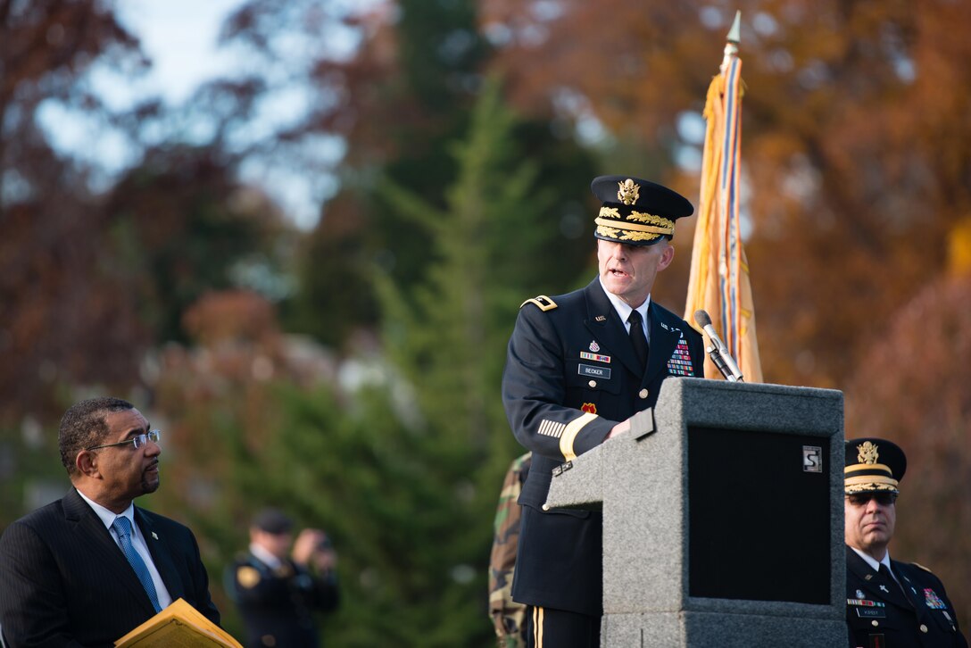 U.S. Army Maj. Gen. Bradley A. Becker, commanding general of Joint Force Headquarters-National Capital Region and U.S. Army Military District of Washington, gives remarks during a memorial service for General of the Armies John J. Pershing in Arlington National Cemetery in Arlington, Va., Nov. 11, 2015. U.S. Army photo by Rachel Larue
