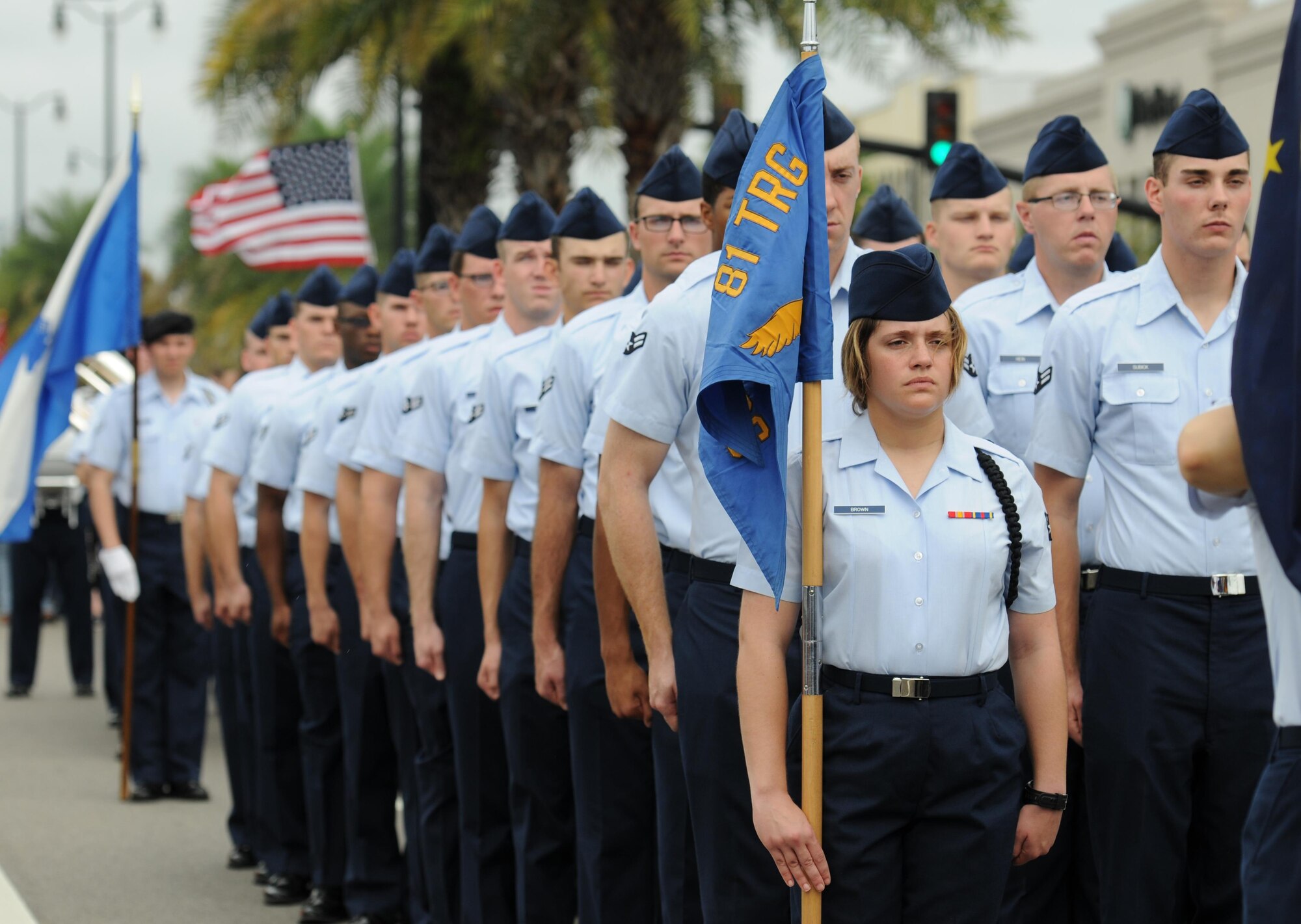 Airmen from the 81st Training Group, Keesler Air Force Base, Miss., march in formation during the 15th Annual Gulf Coast Veterans Day Parade Nov. 7, 2015, in Gulfport, Miss. Keesler’s 81st Training Wing leadership, Honor Guard, and 81st Training Group’s Drum and Bugle Corps participated in the event. (U.S. Air Force photo by Kemberly Groue)