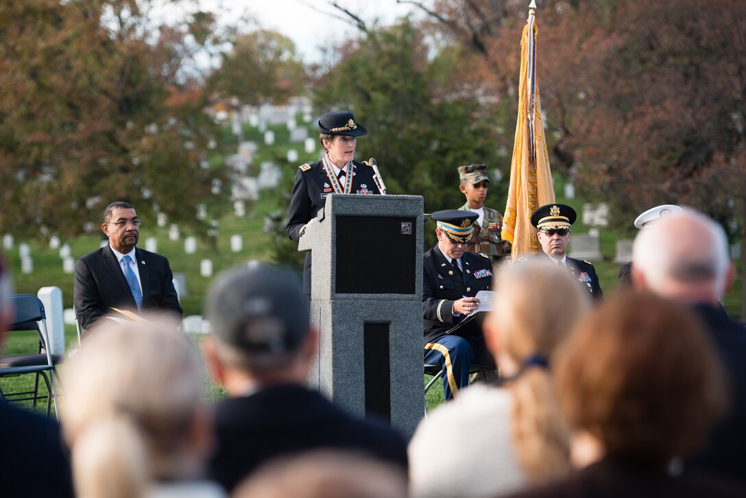 Retired U.S. Army Lt. Col. Ruth L. Hamilton, commander-in-chief of The Military Order of the World Wars, gives remarks during a memorial service for General of the Armies John J. Pershing in Arlington National Cemetery, Nov. 11, 2015, in Arlington, Va. The memorial service and wreath laying, organized by The Military Order of the World Wars, took place at Pershing’s graveside. U.S. Army photo by Rachel Larue