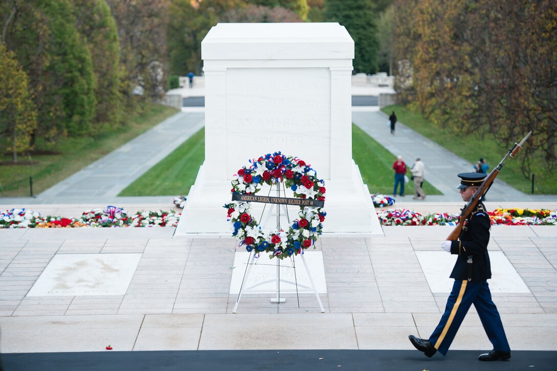 A 3d U.S. Infantry Regiment soldier guards the Tomb of the Unknown Soldier in Arlington National Cemetery in Arlington, Va., Nov. 11, 2015. U.S. Army photo by Rachel Larue