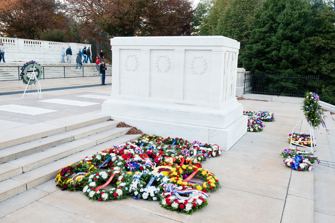 Wreaths surround the Tomb of the Unknown Soldier in Arlington National Cemetery in Arlington, Va., Nov. 11, 2015. U.S. Army photo by Rachel Larue