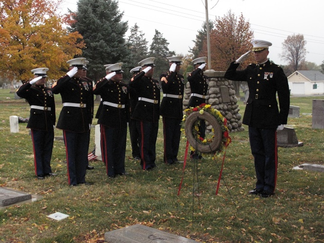 Marines of Co C, 4th Light Armored Reconnaissance Battalion Inspector-Instructor staff conduct a wreath laying ceremony for Sgt. Maj. Joseph W. Dailey at Pleasant Grove Cemetery, Pleasant Grove, Utah, November 10, 2015. Sgt. Maj. Dailey served as the 5th sergeant major of the Marine Corps. (Photo courtesy of 4th LAR Battalion)
