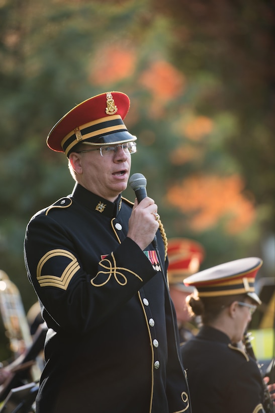 U.S. Army Sgt. 1st Class Robert P. Bumer, soloist in The U.S. Army Band “Pershing’s Own,” sings “My Buddy” during a memorial service for General of the Armies John J. Pershing in Arlington National Cemetery in Arlington, Va., Nov. 11, 2015. U.S. Army photo by Rachel Larue