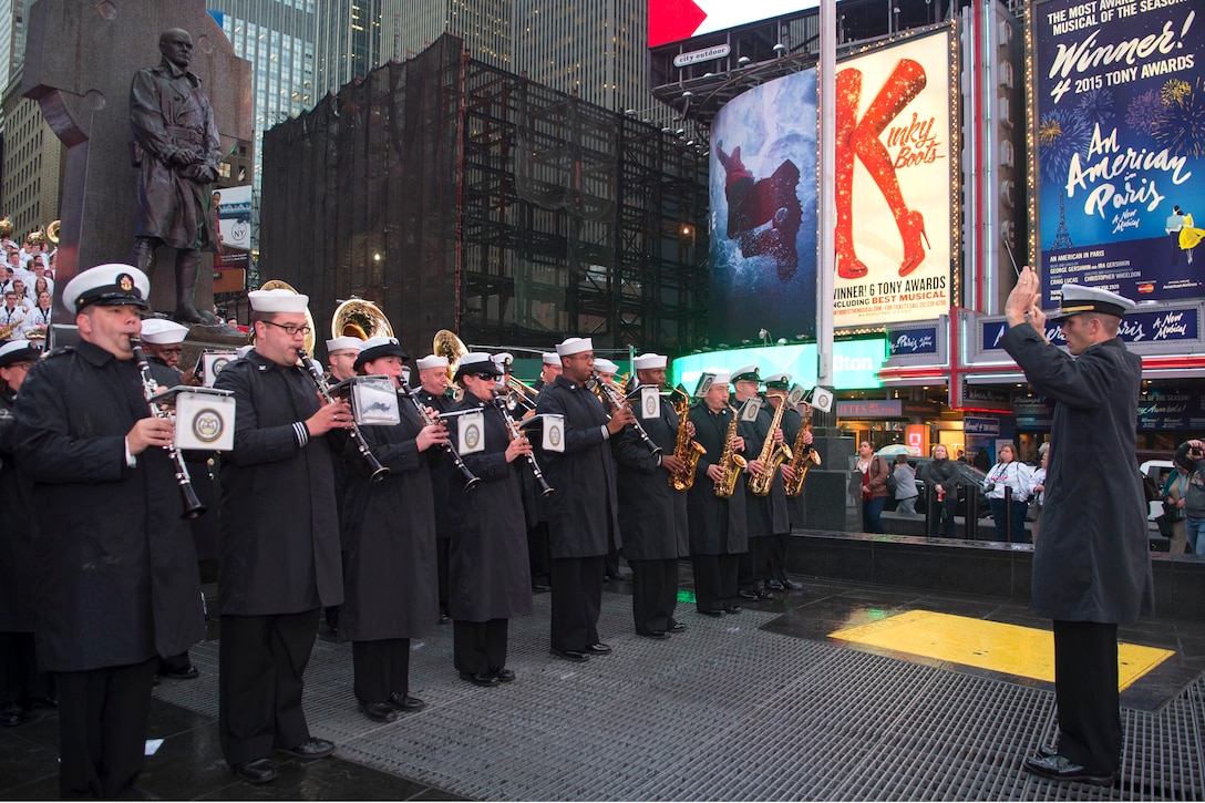 The U.S. Fleet Forces Navy Band performs in Times Square for a Veterans Day event in New York City, Nov. 10, 2015. U.S. Navy photo by Petty Officer 2nd Class Nancy C. diBenedetto