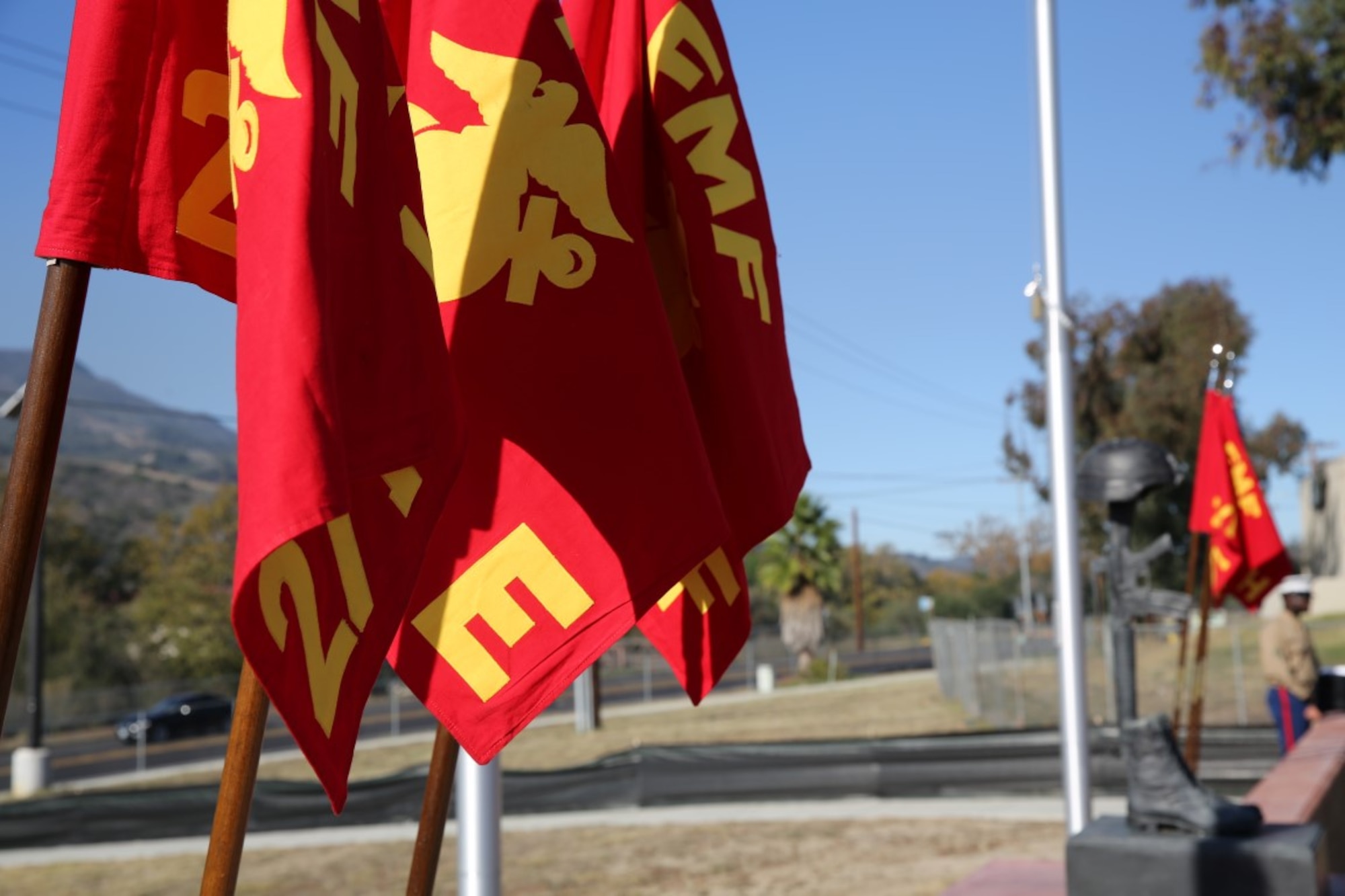 Company guidons of U.S. Marines with 2nd Battalion, 1st Marine Regiment, the ground combat element of the 13th Marine Expeditionary Unit, stand on display during a Nov. 6 ceremony honoring members of their regiment who gave their lives during the Vietnam War. During the ceremony, plaques bearing the names of the fallen were dedicated in their honor at the Camp Horno Memorial Garden aboard Camp Pendleton, Calif. (U.S. Marine Corps photo by Sgt. Paris Capers/ Released)