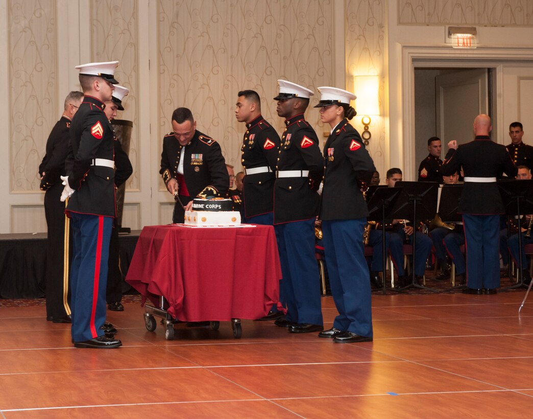 U.S. Marines attend the Quantico Headquarters and Service Battalion 240th Marine Corps Ball at the Crystal City Gateway Marriott, Crystal City, Va., Nov. 6, 2015. The Marine Corps Ball recognizes the anniversary of the establishment of the Marine Corps and has been formally practiced since 1921. (U.S. Marine Corps photo by Cpl. Diana Sims/Not Released)