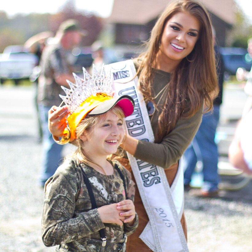 Autumn, daughter of active duty Marine stationed at Marine Corps Base Quantico, meets Summer Priester, 2015 Miss United States, during her first hunting trip with her father, Nov. 6. The Wounded Warrior hunts are hosted annually by the Quantico Injured Marine Sports Association.