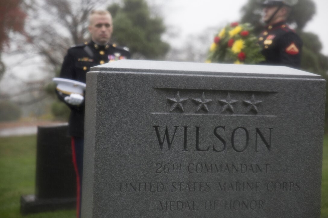 Capt. Benjamin Grodi, a Marine officer from Marine Barracks Washington D.C., takes a moment of silence before laying a wreath at the gravesite of former commandant, Gen. Louis H. Wilson, Arlington National Cemetery, Va., Nov. 10, 2015. In addition, a wreath laying ceremony was also conducted at the Marine Corps War Memorial in honor of all Marines past and present on the Marine Corps’ 240th birthday.  (Official U.S. Marine Corps Photos by Cpl. Chi Nguyen/Released)