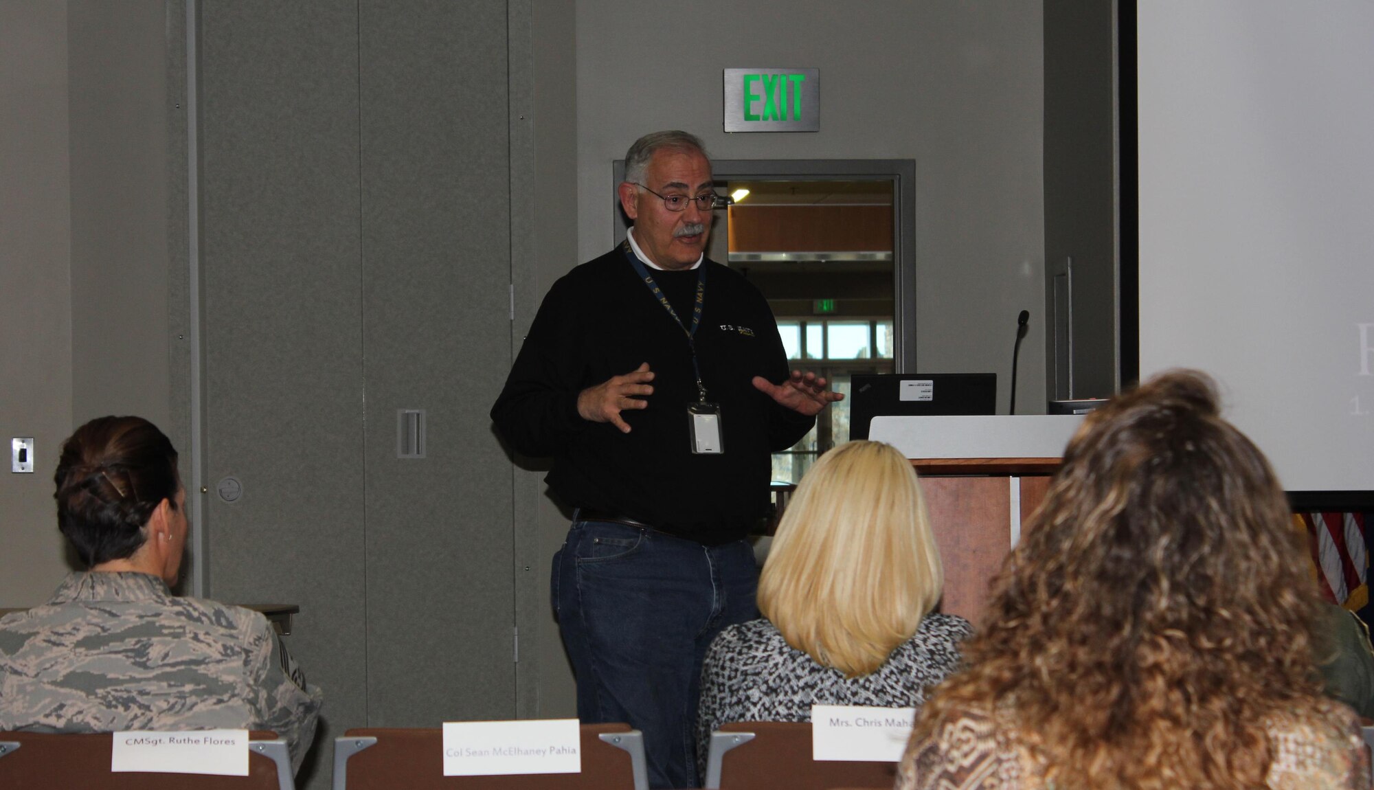 Bob Orton, Air Reserve Personnel Center lead assignment technician, addresses the audience during ARPC’s November Leadership Seminar Nov. 12, 2015, on Buckley Air Force Base, Colo. (U.S. Air Force photo/Tech. Sgt. Rob Hazelett) 