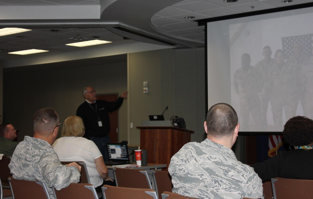 Bob Orton, Air Reserve Personnel Center lead assignment technician, addresses the audience during ARPC’s November Leadership Seminar Nov. 12, 2015, on Buckley Air Force Base, Colo. (U.S. Air Force photo/Tech. Sgt. Rob Hazelett) 