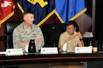 Defense Logistics Agency Director Air Force Lt. Gen. Andy Busch and Navy Rear Adm. Jonathan Yuen, commander of Naval Supply Systems Command, discuss the way forward during Navy/DLA Day Nov. 2 at the McNamara Headquarters Complex.