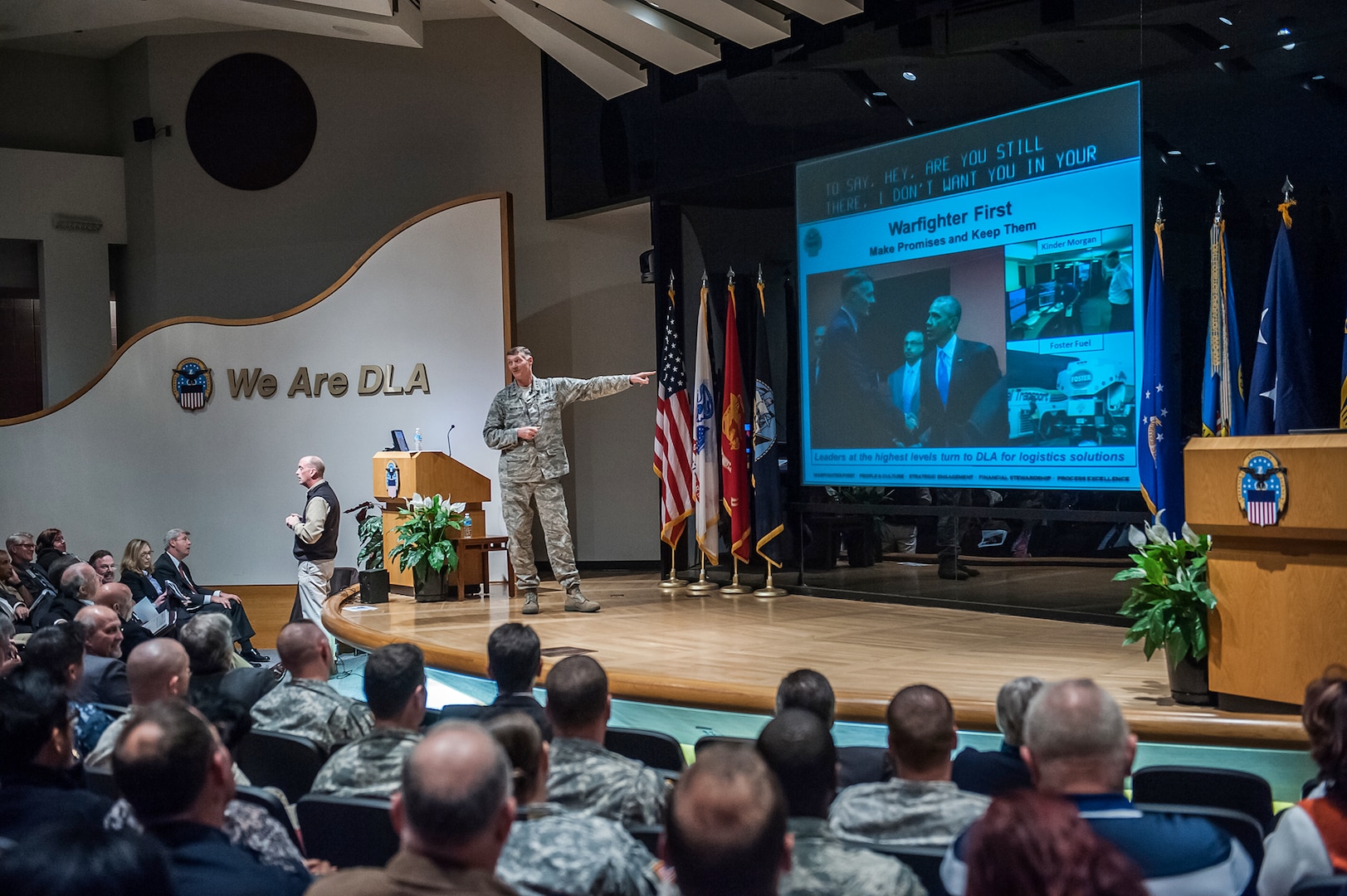 Air Force Lt. Gen. Andy Busch, DLA Director, hosted a Town Hall in the Building 20 Auditorium on Defense Supply Center Columbus. He provided an update on the strategic plan and discussed his recent visit with President Obama before answering questions from associates.