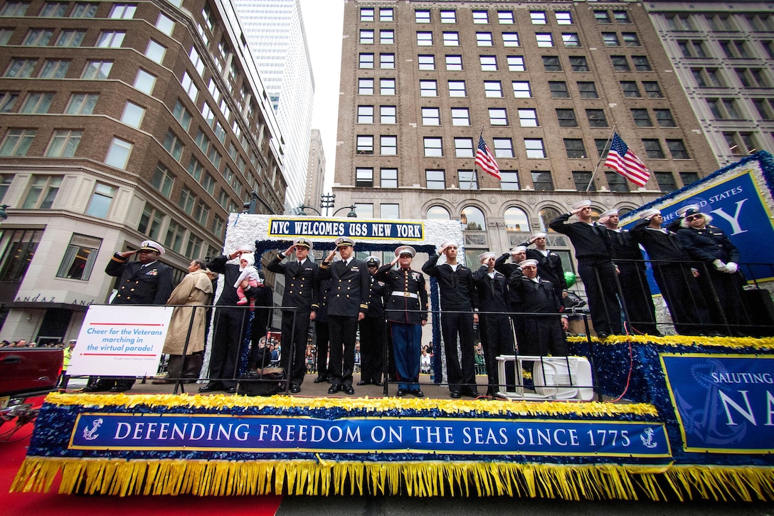 Sailors assigned to local Navy units are participating in the 2015 New York City Veterans Day Parade in New York, Nov. 11, 2015. U.S. Navy photo by Petty Officer 2nd Class Nancy C. diBenedetto 