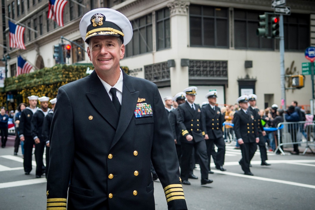 Navy Capt. Kenneth Coleman, commanding officer, USS New York, leads sailors from local Navy units participating in the 2015 New York City Veterans Day Parade in New York, Nov. 11, 2015. U.S. Navy photo by Petty Officer 2nd Class Nancy C. diBenedetto 