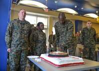 Capt. Ryan Martin, Command Naval Aviation Technical Training (CNATT) Detachment Eglin Marine liaison officer, cuts the Marine Corps birthday cake during a commemorative ceremony at Eglin Air Force Base, Fla., Nov. 10, 2015. The Marine Corps celebrated 240 years of service this year. (U.S. Air Force Photo/Senior Airmen Andrea Posey)