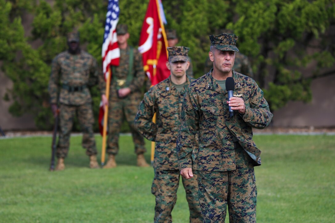 Maj. Gen. Michael Rocco, commanding officer of 3rd Marine Aircraft Wing, speaks during a cake-cutting ceremony aboard Marine Corps Air Station Miramar, Calif., Nov. 10. The cake-cutting ceremony is one of many traditions the Marines honor to celebrate the birth of the Marine Corps.