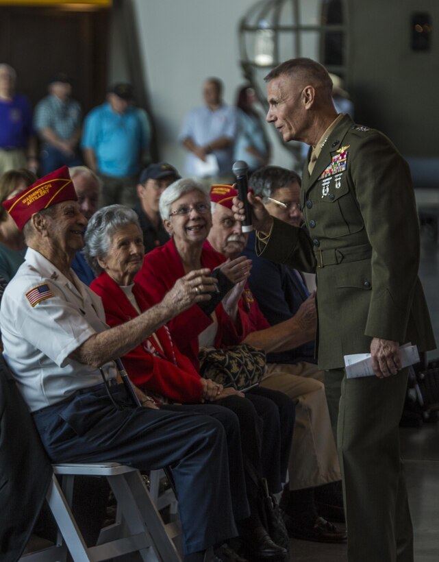 Lt. Gen. Rex C. McMillian, commander of Marine Forces Reserve and Marine Forces North, recognizes veterans at the National World War II Museum in New Orleans during a Veterans Day Ceremony, Nov. 11, 2015. Prior service members took part in the ceremony to share their war stories, and to recognize those who are fighting today. 