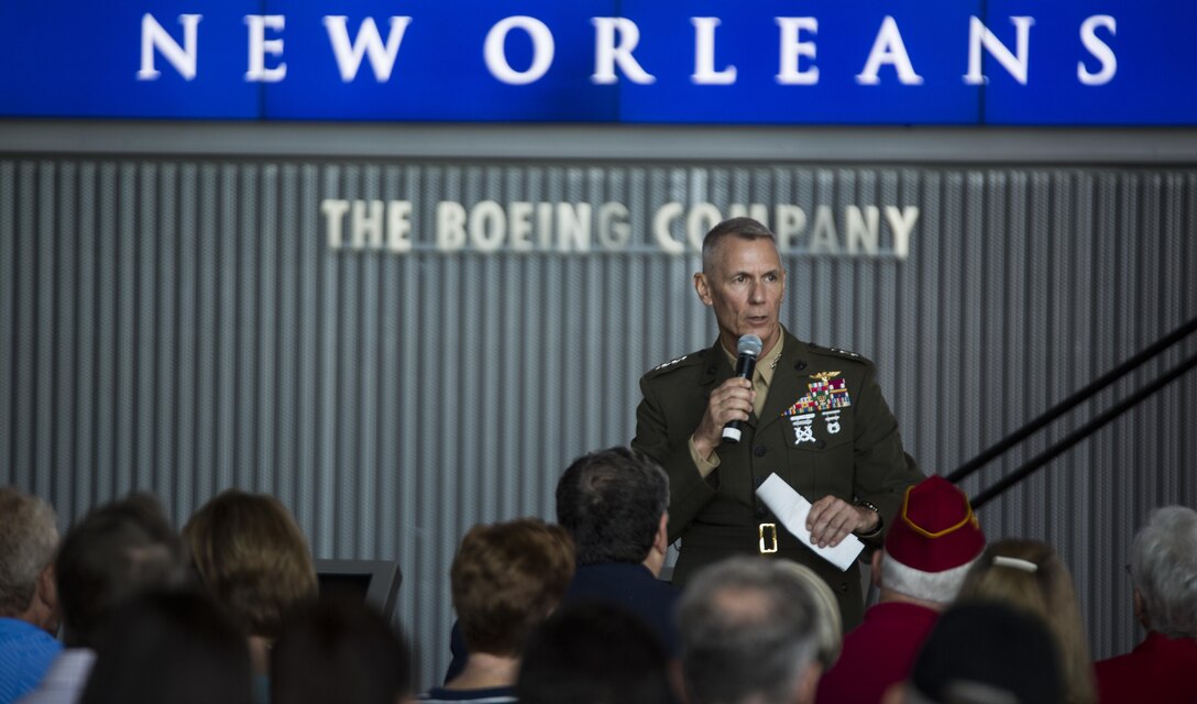 Lt. Gen. Rex C. McMillian, commander of Marine Forces Reserve and Marine Forces North, speaks during a ceremony at the National World War II Museum in New Orleans on Veterans Day, Nov. 11, 2015. Service members and civilians took part in the ceremony to remember those who fought in battles past, and to recognize those who are fighting today.