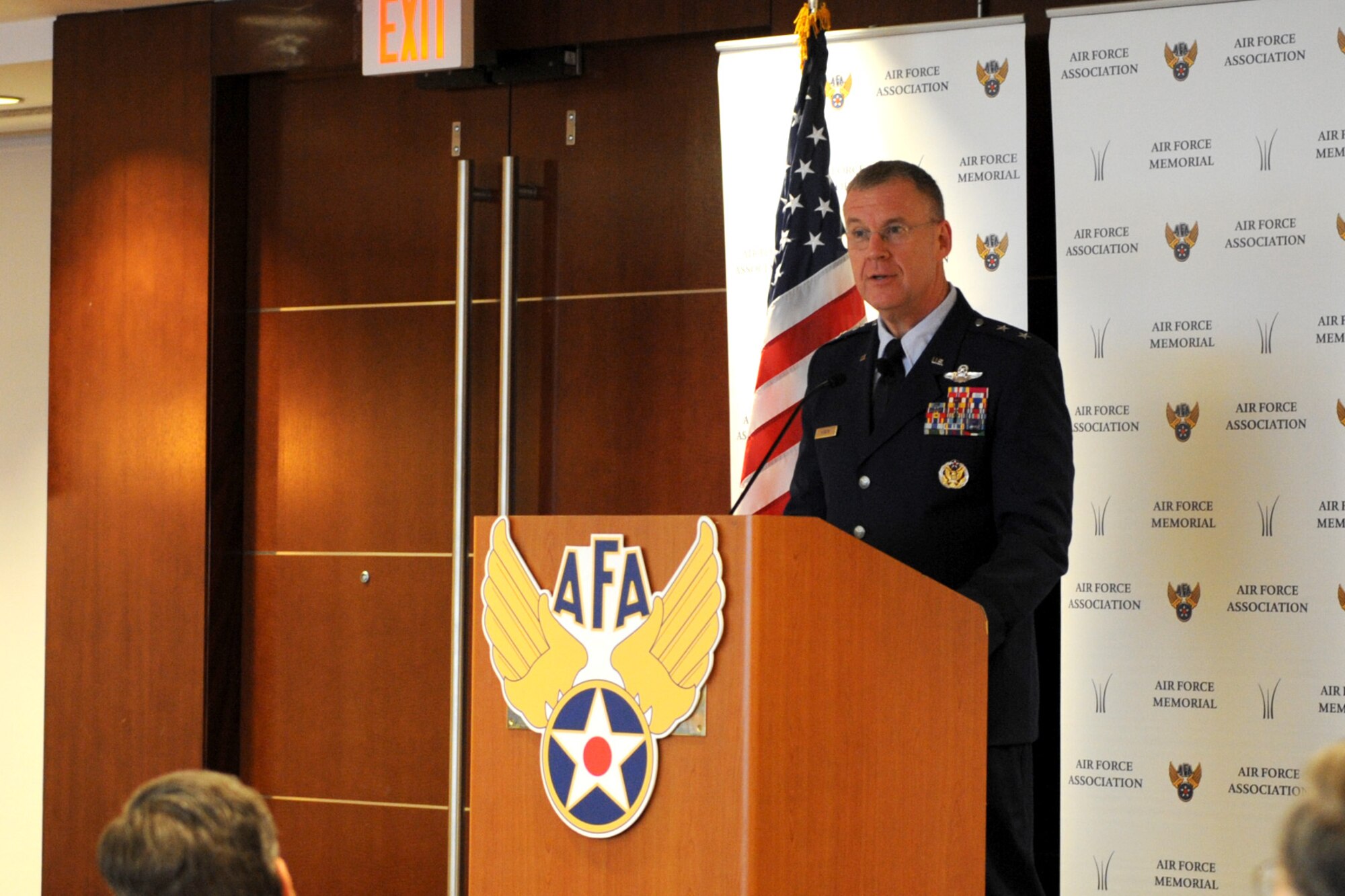 Maj. Gen. Lawrence M. Martin Jr., the assistant deputy under secretary of the Air Force, International Affairs, speaks at a monthly Air Force Association breakfast Nov. 10, 2015, at the Key Bridge Marriott in Arlington, Va. Martin shared why building global air force partnerships through integrating political-military relationships, security assistance, technology and information disclosure issues ensures relationships endure. (U.S. Air Force photo/Tech. Sgt. Torri Hendrix)