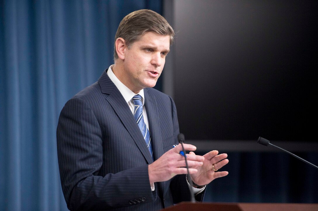 Pentagon Press Secretary Peter Cook briefs reporters during a news conference at the Pentagon, Nov. 12, 2015. DoD photo by Air Force Senior Master Sgt. Adrian Cadiz