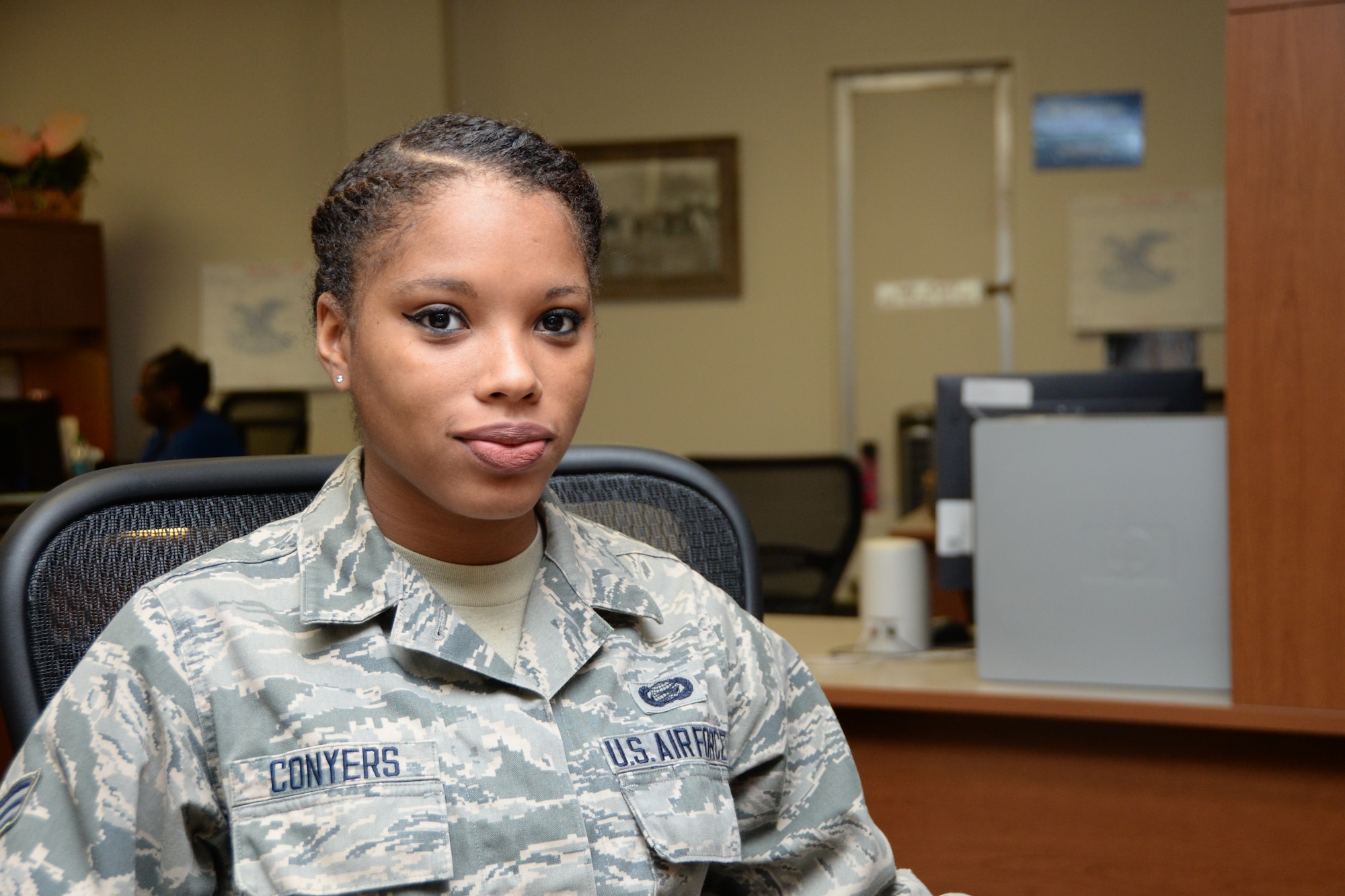 Senior Airman Treasure Conyers, 82nd Force Support Squadron student relocations technician and native of Manning, S.C., has been in the Air Force for two years 10 months and is the Support Airman of the Week at Sheppard Air Force Base, Texas, for the week of Nov. 10-16, 2015. (U.S. Air Force photo by Senior Airman Robert L. McIlrath)