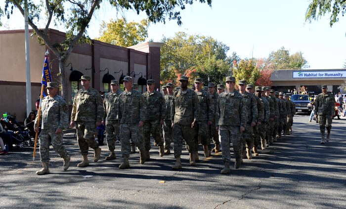 Members of Team Beale participate in the Yuba/Sutter Veterans Day Parade in Marysville, California, Nov. 11, 2015. Veterans Day is celebrated throughout the U.S. to honor those who have served and are serving in the Armed Forces. (U.S. Air Force photo by Staff Sgt. Robert M. Trujillo)