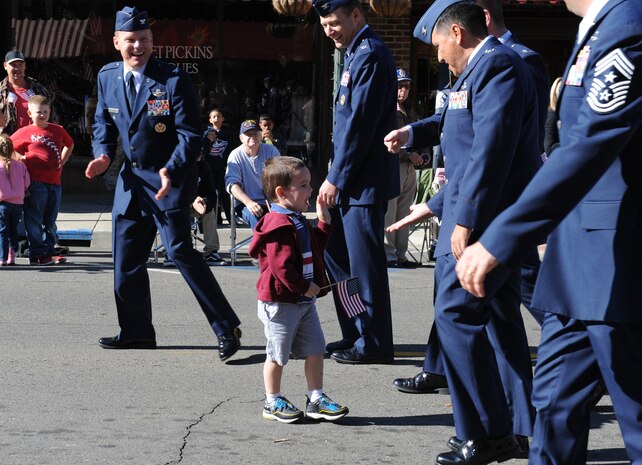 Team Beale leadership participate in the Yuba/Sutter Veterans Day Parade in Marysville, California, Nov. 11, 2015. Veterans Day is celebrated throughout the U.S. to honor those who have served and are serving in the Armed Forces. (U.S. Air Force photo by Staff Sgt. Robert M. Trujillo)