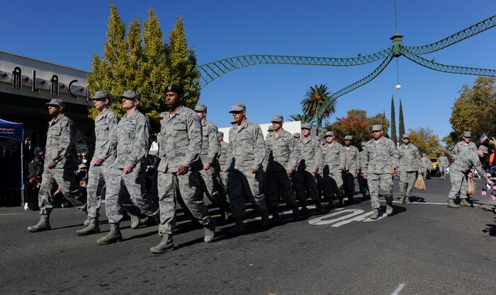 Members of Team Beale participate in the Yuba/Sutter Veterans Day Parade in Marysville, California, Nov. 11, 2015. Veterans Day is celebrated throughout the U.S. to honor those who have served and are serving in the Armed Forces. (U.S. Air Force photo by Staff Sgt. Robert M. Trujillo)