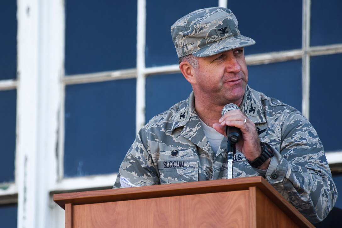 Col. Mark Slocum, 4th Fighter Wing commander, provides opening remarks during the annual Veterans’ Day Parade, Nov. 11, 2015, in downtown Goldsboro, North Carolina. Slocum joined Goldsboro Mayor Al King in kicking off the event to celebrate service members, both past and present, for their service and sacrifices. (U.S. Air Force photo/Senior Airman Brittain Crolley)