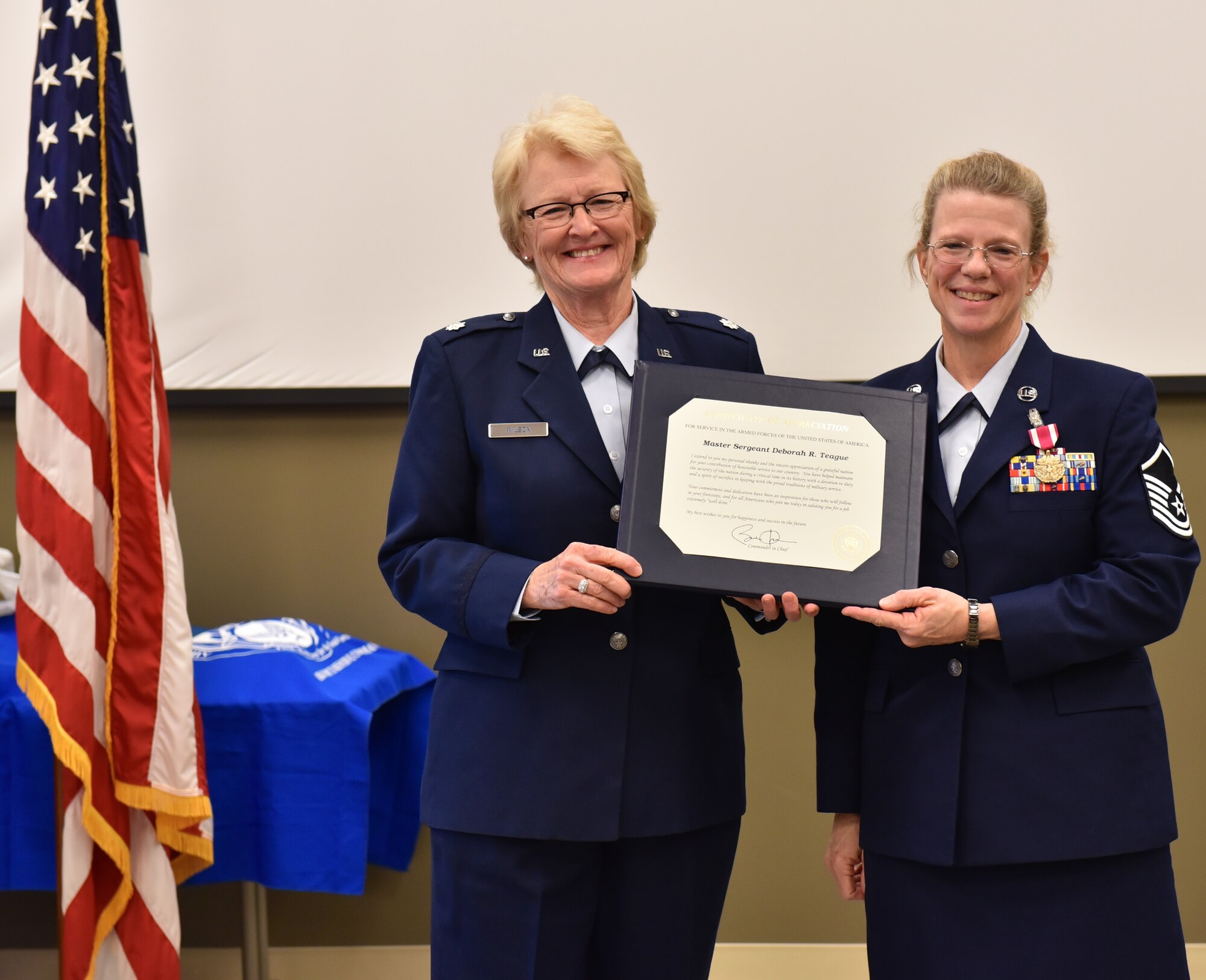 Lt. Col. Kate Wilson, retired 932nd Airlift Wing member, came back to oversee a special day in Illinois Air Force Reserve history, and speak at the retirement ceremony for Master Sgt. Deb Teague.  (U.S. Air Force photo/Tech. Sgt. Chris Parr)