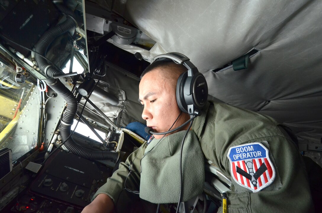 Staff Sgt. Kevin Gimenez, a KC-135 Stratotanker boom operator assigned to the Arizona Air National Guard, prepares to refuel a NATO E-3A Sentry over northern Germany during a training mission, Nov. 10. Airmen from the 161st Air Refueling Wing based in Phoenix are supporting aircrew training operations Nov. 9-20 at NATO Air Base Geilenkirchen, Germany. (U.S. Air National Guard photo by Lt. Col. Gabe Johnson)