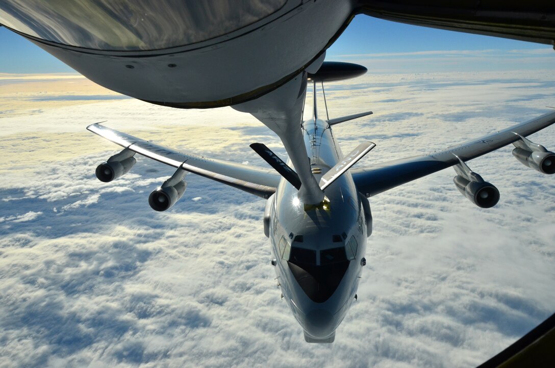 A NATO E-3A Sentry takes on fuel from an Arizona Air National Guard KC-135 Stratotanker over northern Germany during a training mission, Nov. 10. Airmen from the 161st Air Refueling Wing based in Phoenix are supporting aircrew training operations Nov. 9-20 at NATO Air Base Geilenkirchen, Germany. (U.S. Air National Guard photo by Lt. Col. Gabe Johnson)