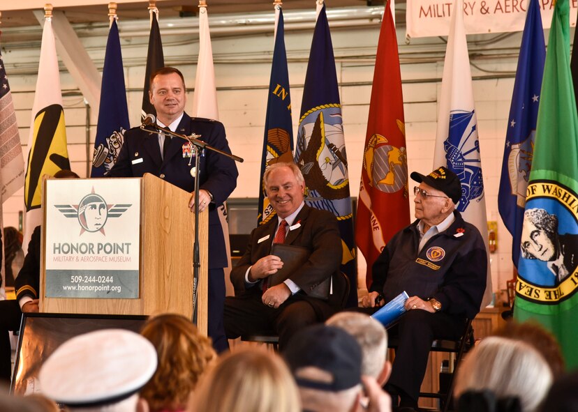 Col. Brian McDaniel, 92nd Air Refueling Wing commander, speaks to the Spokane community during a Veterans Day ceremony, Nov. 11, 2015, at Felts Field in Spokane, Wash. Every Veterans Day, Americans have the opportunity to reflect upon and honor the sacrifices of noble men and women who have served in defense of our great nation and its freedom. (U.S. Air Force photo-Airman 1st Class Taylor Bourgeous)