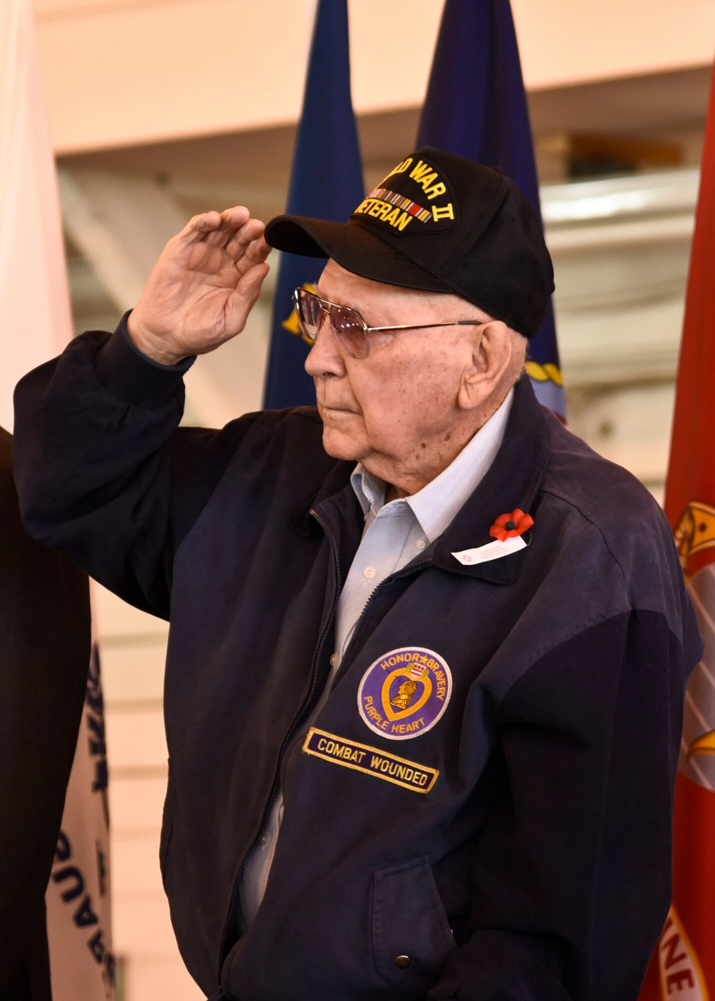 U.S Army retired Private First Class Harry Goedde salutes during the national anthem at a Veterans Day ceremony, Nov. 11, 2015, at Felts Field in Spokane, Wash. Goedde served in World War II and was wounded during combat. Shortly after, he was medically retired and now resides in Spokane. (U.S. Air Force photo-Airman 1st Class Taylor Bourgeous) 