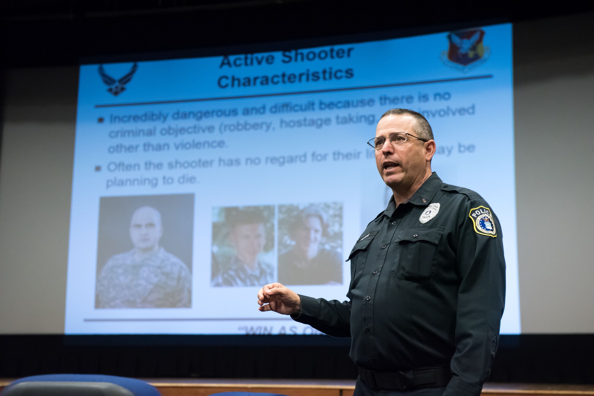Police Lt. John Russo, 87th Security Forces training supervisor, speaks at the Active Shooter Incident Response training Nov. 5, 2015, at Joint Base McGuire-Dix-Lakehurst, N.J. The training event discussed safe evacuation procedures, aiding others and calling emergency responders. (U.S. Air Force photo by Russ Meseroll/Released)